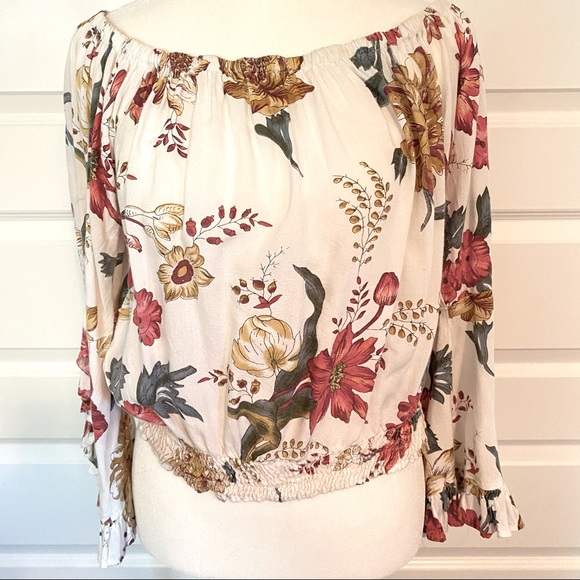 Tops - Tropical Print boat neck frill top